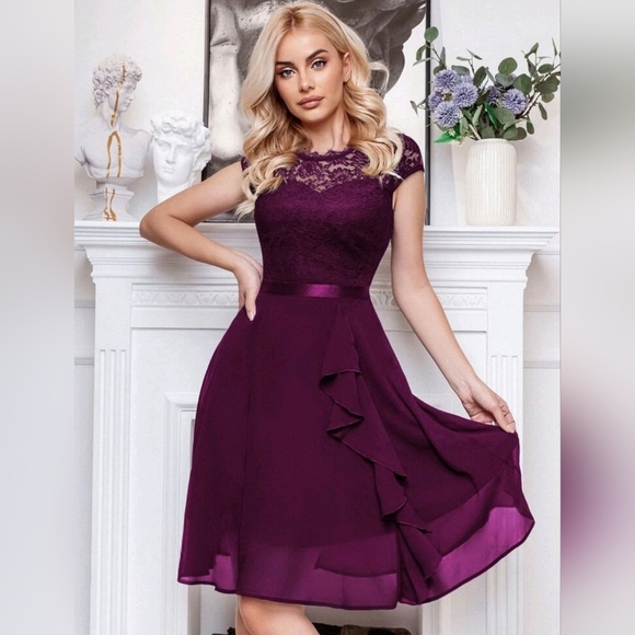 Purple Chiffon Lace Applique Lace-Up Ruffle Gown main image 0